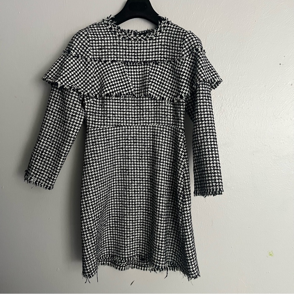 Zara Ruffle Top Tweed Classic Houndstooth Flare Dress XS - Picture 7 of 14